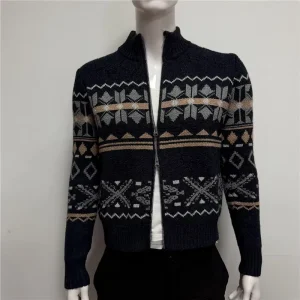 Men’s Jacquard Full Zip Knit Cardigan Jacket Wool Blend Winter Knitwear
