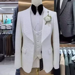 Men’s Jacquard Shawl Lapel Wedding Casual Host Suit Blazer Vest Pants Set 3 Pieces