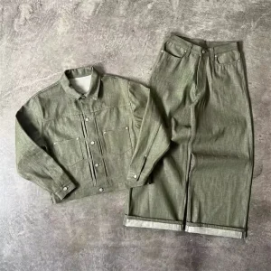 Men’s Jean Suit Button Jacket and Jean Two Piece Japanese Raw Denim Tracksuit Wide Leg Japanese Salvage Denim Pant Baggy Jean