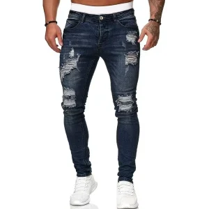 Men’s Jeans Casual Hip Hop Mid Rise Slim Fit Skinny Leg Distressed Pants Versatile Style Casual Fashion