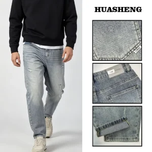 Men’s Jeans Casual Straight Factory Distressed Colored Denim Men Stacked Pants Stretch Trousers Jeans