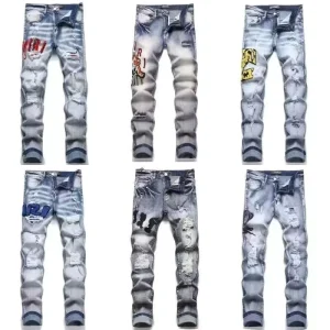Men’s Jeans Elastic Straight Slim Fit Long Pants Holes Embroidered Leather Patches Mid Waist Denim