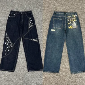 Men’s Jeans Floral Embroidery Patchwork Broken Hole Wide Leg Heavy Denim Pants