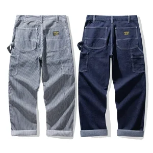 Men’s Jeans Men’s Hickory Stripe Denim Carpenter Pants Vintage Loose Fit Straight Leg Workwear Jeans Essentials