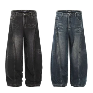 Men’s Jeans Straight Cut Distressed American Street Machete Design Heavyweight Loose Denim Baggy Jeans