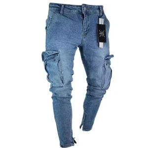 Men’s Jeans Trend Small Foot Pants Cotton Spandex Knee Hole Zipper Ripped Denim Jeans