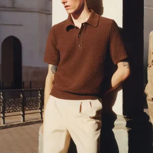 Men’s Knit Short Sleeve Polo Shirt Textured Knit Breathable Solid Color Summer Men’s Knitwear