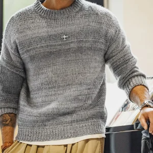 Men’s Knit Sweater Retro Gradient Striped Round Neck Mixed Knitwear Warm Pullover Autumn