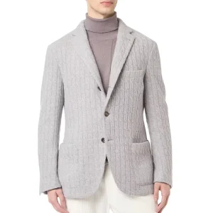 Men’s Knitted Blazer Jacket in Heather Grey Jacquard Pattern Single Breasted Sport Coat Sweater for Smart Business Casual