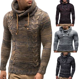 Men’s Knitted Jacket Turtleneck Hooded Sweater Plus Size