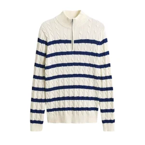 Men’s Knitted Long Sleeve Striped Cotton Cable Knit Half Zip Sweater Knitwear Suitable for Leisure