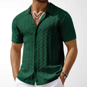Men’s Knitted Polo Shirt Casual Lapel Solid Color Fashion Button Cardigan Breathable Short Sleeve