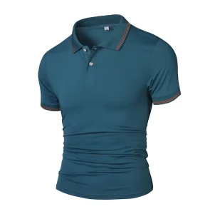 Men’s Knitted Spandex Polyester Casual Solid Breathable Quick Dry Slim Fit Button Collar Short Sleeve T Shirt 4 Way Stretch