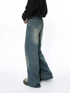 Men’s Korean style Distressed Retro Blue Casual Wide leg Straight leg Mid rise Denim Jeans Trendy