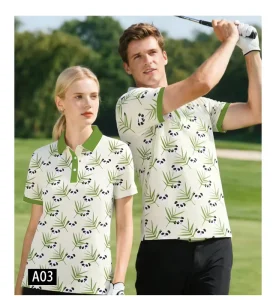 Men’s Lapel Golf Polo Shirts Panda Print Pattern Short Sleeves Golf Clothes with High Quality Fabric Low MOQ GEEDA Factory