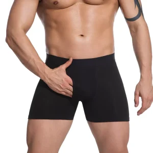 Men’s Large Size Mid Rise Black Cotton Breathable Boxer Briefs Summer Underwear with Opened Length Logo Waist for Men