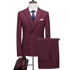 Men’s Large Two Piece Set with Double Breasted Solid Color Coat Pants Suit Wine Red
