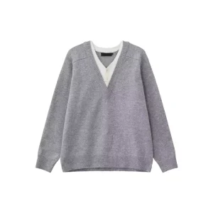 Men’s Layered Look V Neck Knit Pullover Contrast Collar Half Button Design Soft Thick Casual Knit Sweater for Daily Office Wear