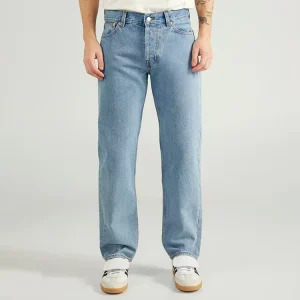 Men’s Light Blue Denim Jeans Loose Fit 100% Cotton Mid Waist Jeans with 5 Pockets Belt Loops and Logo Patch