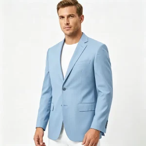 Mens Light Blue Single Breasted Waterproof Blazer Slim Fit Suit Jacket Formal Wedding Party Two Button Elegant