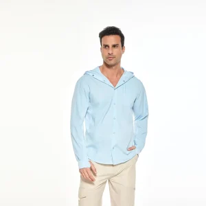Men’s Light Blue UV Protection Hooded Shirt Quick Dry Breathable Outdoor Hiking Fishing Shirt