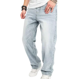 Men’s Light Blue Washed Jeans Straight Leg Denim Pants OEM ODM Factory Price High Street Casual Loose Male Trousers