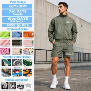 Men’s Light Breathable Polyester Nylon Tracksuits Reflective Logo Windbreaker Jacket Shorts Set Jogging Athleisure Suit