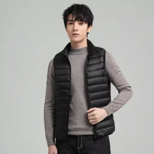 Men’s Light Down Cotton Waistcoat Solid Color Thin Velvet Vest with Solid Collar Winter Uniform Clothes