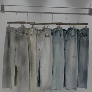 Men’s Light Wash High Waist Straight Leg Knitted Jeans Vintage Denim Pants Streetwear Formal