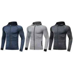 Men’s Lightweight Hooded Full-Zip Long-Sleeve Sweatshirt for Sports, Exercise, and Running Features Zippered Pockets