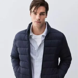 Men’s Lightweight Stand Collar Down Coat Solid Color Quilted Casual Warm Zipper Polyester Fabric Fall