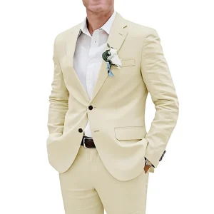 Men’s Linen Beaded Blazer 2 Piece Single Breasted Notched Lapel Regular Length Lightweight Tuxedo for Business Wedding