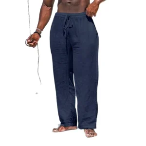Men’s Linen Pants Summer Loose Straight Design Lightweight Breathable Trousers Casual Drawstring Clothing for Men