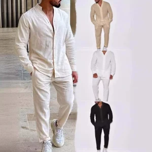Men’s Linen Spring Autumn Leisure Suit Long Sleeve Shirts and Trousers Two Piece Sets