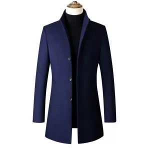 Men’s Long Coat With Simple Stand Up Collar for Autumn Winter Outerwear