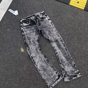 Men’s Long Jeans Pants Embroidered Flare Casual Style Mid Waist Breathable Denim Distressed Knitted Washable