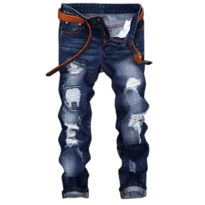 Men’s Long Jeans Pants Embroidered Straight Casual Style Mid Waist Breathable Denim Medium Wash Solid Pattern