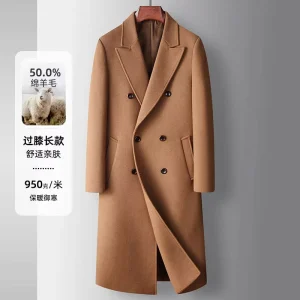Men’s Long Over the Knee Coats Double Breasted Warm Business Casual Outerwear for Autumn Winter