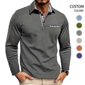 Men’s Long Sleeve Casual Tops Plaid Lapel Design for Polo T Shirts with Button Decoration Solid Pattern Knitted Fabric ODM