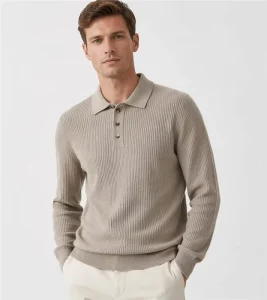 Mens Long Sleeve Knit Polo Sweater Ribbed Button Collar Pullover Smart Casual Mens Knitwear Custom Manufacturer