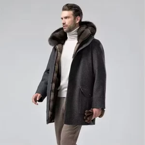 Men’s Long Sleeve Medium Outerwear Wool and Sable Fur Coat with Detachable Hood Pockets Sable Fur Mink Coat