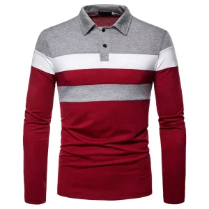 Men’s Long Sleeve Polo Shirt Casual Slim Fit Contrast Color Patchwork T Shirts