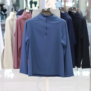 Men’s Long Sleeve Quarter Zip Pullover Top High Elastic Quick Dry Knitted Fitness Workout Custom Gym Running