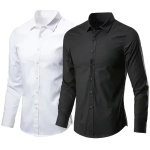 Men’s Long-Sleeved White Shirt Casual Business Suit for Work Non-Iron Non-Wrinkle Collared Clothing