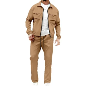Men’s Long-Sleeved Zip-Up Jacket Pants Casual Workwear Set for Spring and Autumn