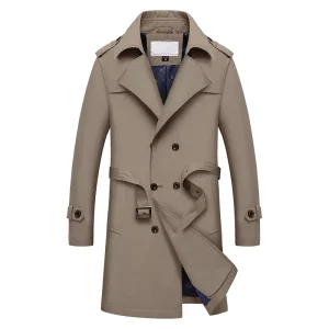 Mens Long Thin Double Breasted Turtleneck Trench Coat Autumn Winter Classical British Style Business 100% Polyester