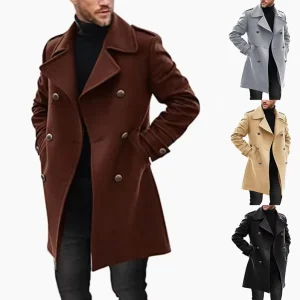 Men’s Long Trench Coat Autumn and Winter Leisure Long Coat Retro Double Breasted Solid Color Coat