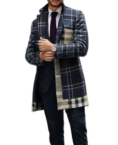 Men’s Long Trench Coat Fall Winter Single Breasted Warm Soft Overcoat Plaid Pattern Cold Resistant Blazer
