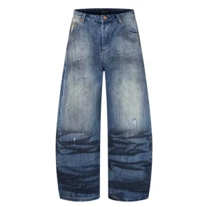 Men’s Loose Curved Jeans Denim Casual Front Logo Eco Friendly Washed Retro Antique Effects High End American Streetwear Stock