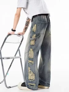Men’s Loose Flare Pants Mid-Rise Distressed Streetwear Breathable Eco-Friendly Denim Jeans Five Pockets